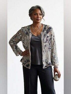 Marian Clayden Sheer Embroidered Open-Front Jacket in Taupe and Charcoal Large
